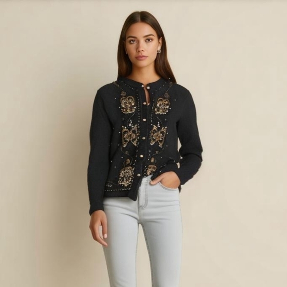 Vintage Sweaters - 𝅺VINTAGE Black Embroidery & Pearls Lambswool & Angora Knit Cardigan Size Medium